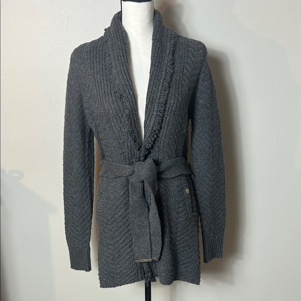 NWT White House Black Market Heather grey fringe shawl collar tie belt cardigan - Picture 4 of 14